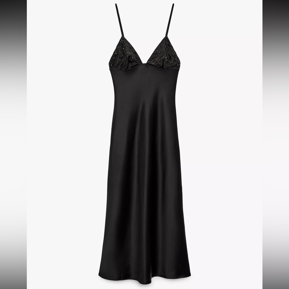 ZARA NWT Beaded Satin V- Neck Midi Dress Black